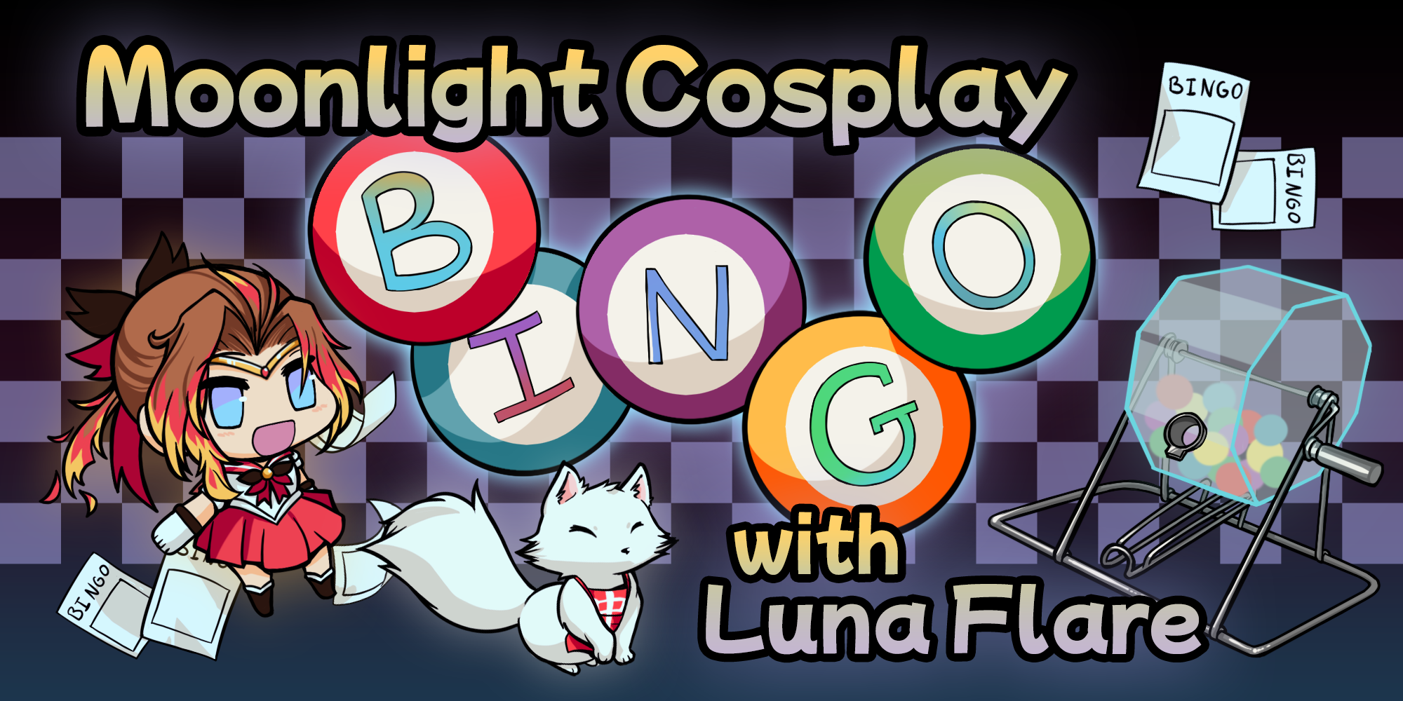 Moonlight Cosplay Bingo promo image - Tomo and inari with colorful bingo balls spelling out the word BINGO